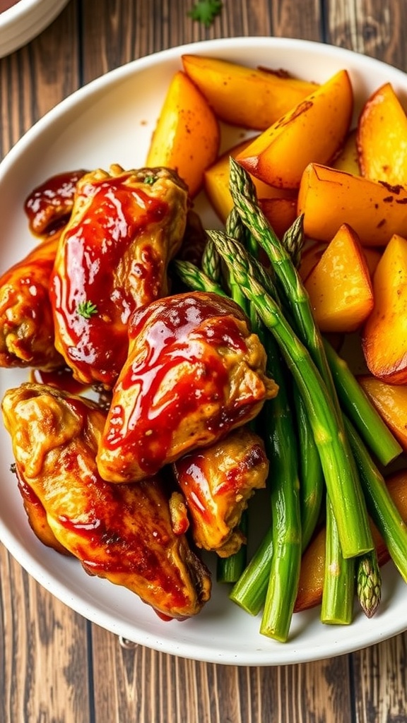 A delicious spread of chicken wings, roasted asparagus, and potato wedges made in an air fryer.